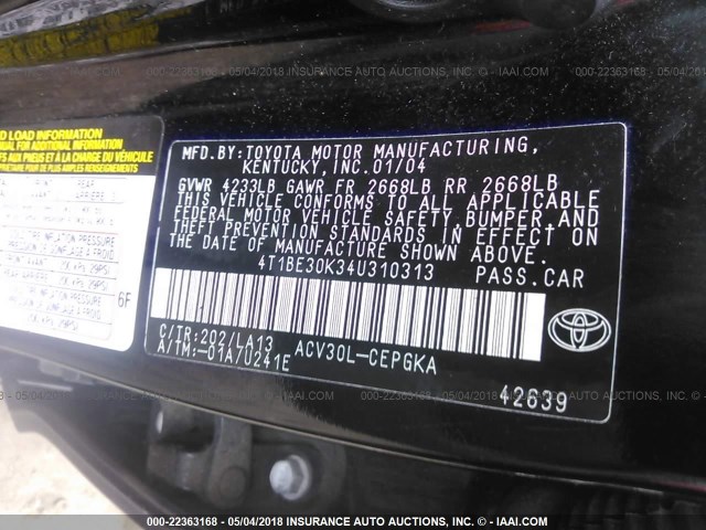 4T1BE30K34U310313 - 2004 TOYOTA CAMRY LE/XLE/SE 黑色 照片 9