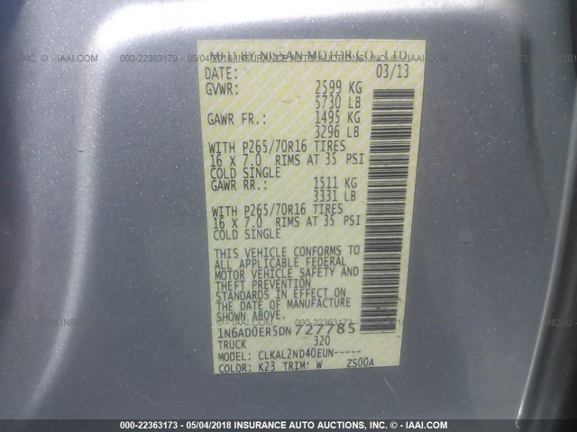 1N6AD0ER5DN727785 - 2013 NISSAN FRONTIER S/SV/SL/PRO-4X SILVER photo 9