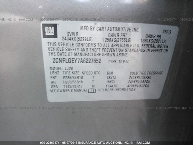 2CNFLGEY7A6227652 - 2010 CHEVROLET EQUINOX LTZ TAN photo 9