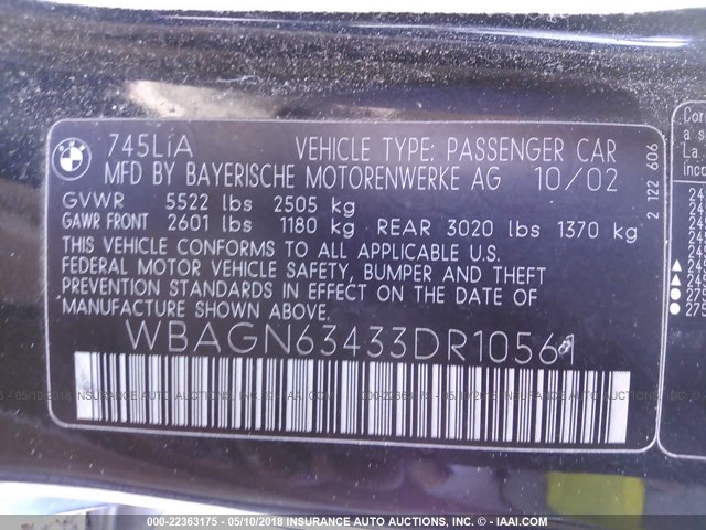 WBAGN63433DR10561 - 2003 BMW 745 LI შავი ფოტო 9