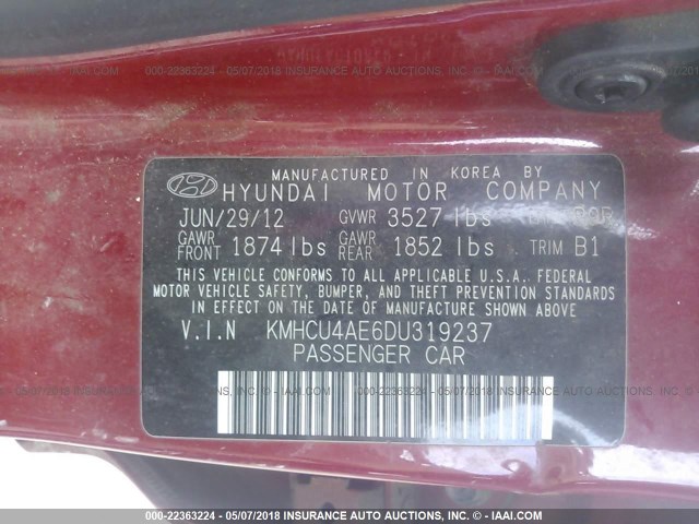 KMHCU4AE6DU319237 - 2013 HYUNDAI ACCENT GLS/SE RED photo 9