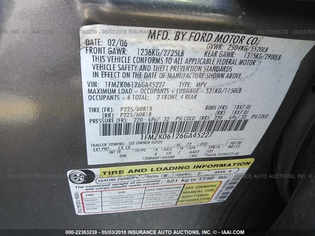 1FMZK06126GA45227 - 2006 FORD FREESTYLE LIMITED GRAY photo 9
