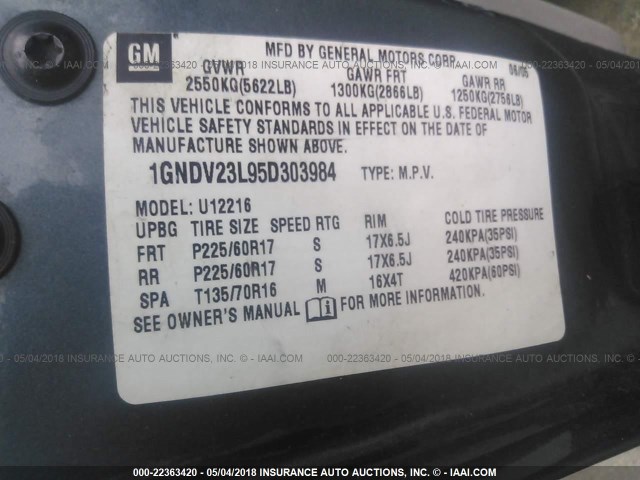 1GNDV23L95D303984 - 2005 CHEVROLET UPLANDER LS BLUE photo 9