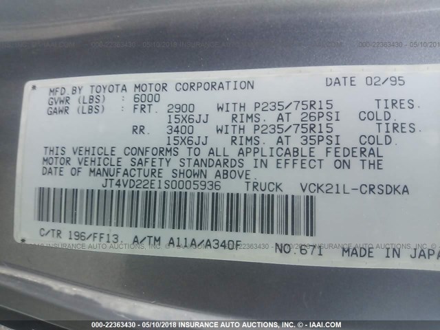 JT4VD22E1S0005936 - 1995 TOYOTA T100 XTRACAB DX GRAY photo 9