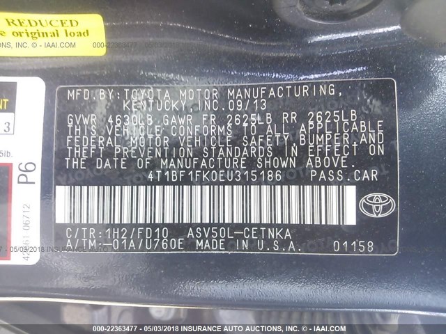 4T1BF1FK0EU315186 - 2014 TOYOTA CAMRY L/SE/LE/XLE შავი ფოტო 9