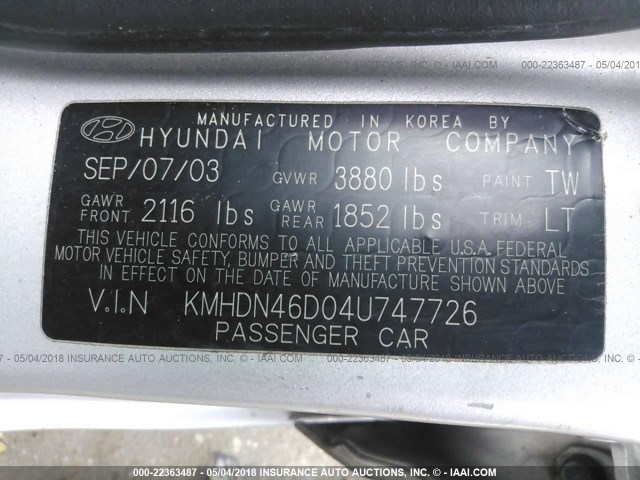 KMHDN46D04U747726 - 2004 HYUNDAI ELANTRA GLS/GT GRAY photo 9