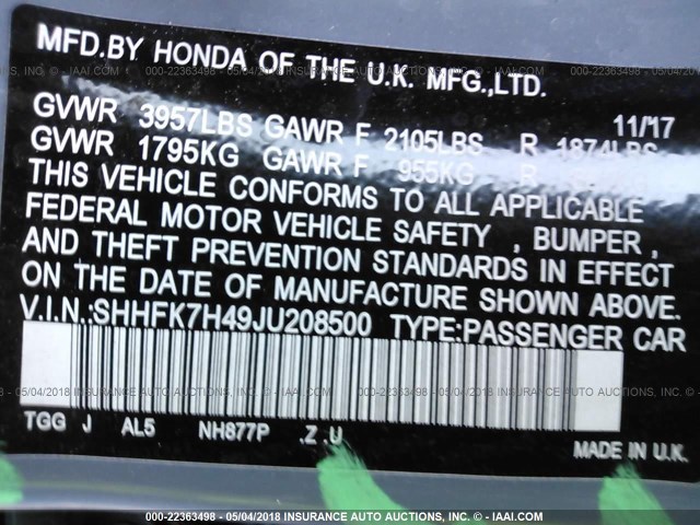 SHHFK7H49JU208500 - 2018 HONDA CIVIC SPORT 灰色 照片 9