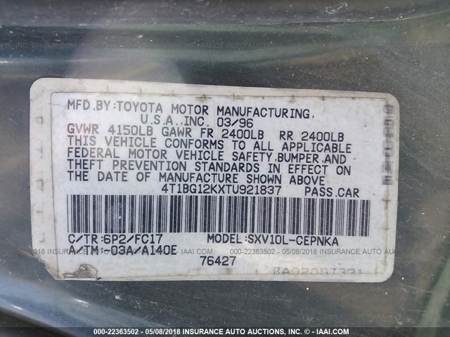 4T1BG12KXTU921837 - 1996 TOYOTA CAMRY DX/LE/XLE GREEN photo 9