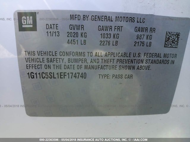 1G11C5SL1EF174740 - 2014 CHEVROLET MALIBU 1LT WHITE photo 9