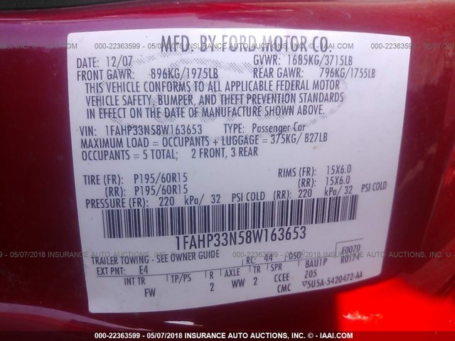 1FAHP33N58W163653 - 2008 FORD FOCUS SE/SEL/SES RED photo 9