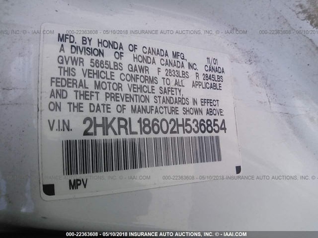 2HKRL18602H536854 - 2002 HONDA ODYSSEY EX WHITE photo 9