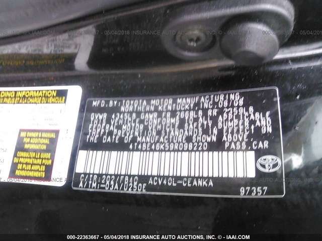 4T4BE46K59R098220 - 2009 TOYOTA CAMRY SE/LE/XLE BLACK photo 9
