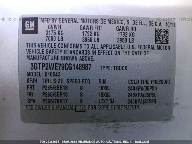 3GTP2WE79CG148987 - 2012 GMC SIERRA K1500 SLT SILVER photo 9