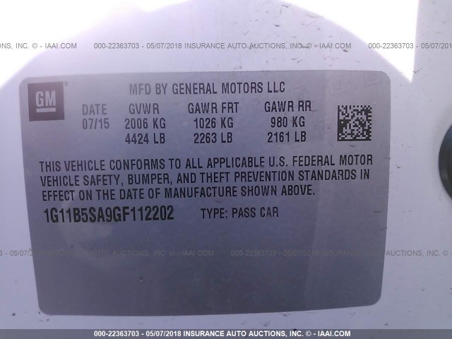 1G11B5SA9GF112202 - 2016 CHEVROLET MALIBU LIMITED LS WHITE photo 9