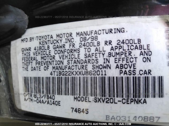 4T1BG22KXXU862011 - 1999 TOYOTA CAMRY CE/LE/XLE 蓝色 照片 9