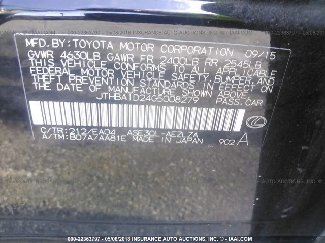 JTHBA1D24G5008279 - 2016 LEXUS IS 200T BLACK photo 9