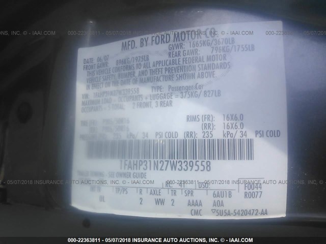 1FAHP31N27W339558 - 2007 FORD FOCUS ZX3/S/SE/SES GRAY photo 9