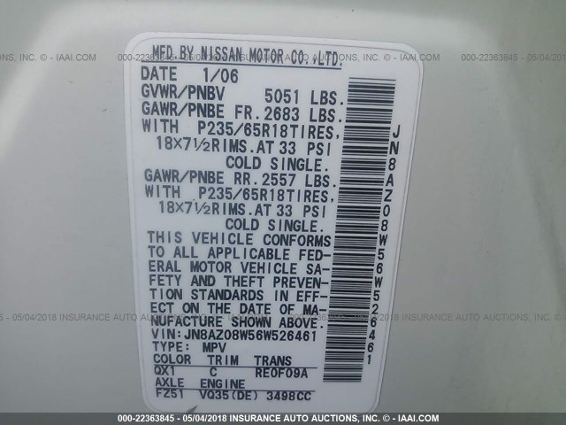 JN8AZ08W56W526461 - 2006 NISSAN MURANO SL/SE/S WHITE photo 9