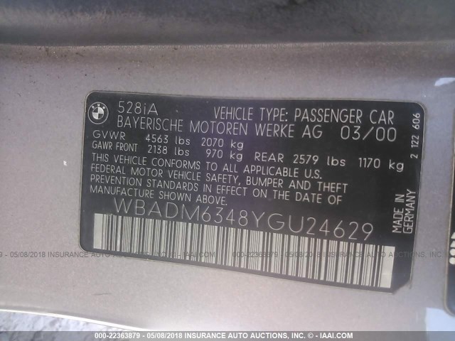 WBADM6348YGU24629 - 2000 BMW 528 I AUTOMATIC GRAY photo 9