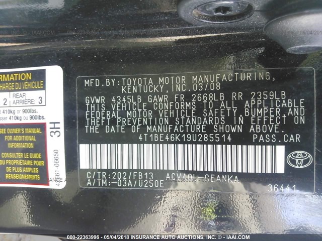 4T1BE46K19U285514 - 2009 TOYOTA CAMRY SE/LE/XLE BLACK photo 9