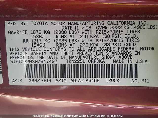5TETX22NX9Z647497 - 2009 TOYOTA TACOMA ACCESS CAB Rot Foto 9