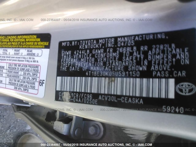 4T1BE30K05U591150 - 2005 TOYOTA CAMRY LE/XLE/SE SILVER photo 9