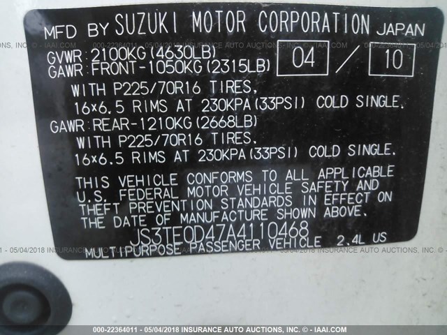 JS3TE0D47A4110468 - 2010 SUZUKI GRAND VITARA XSPORT WHITE photo 9