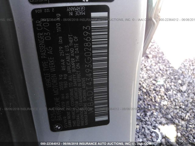 WBADT43493G028693 - 2003 BMW 525 I AUTOMATIC SILVER photo 9