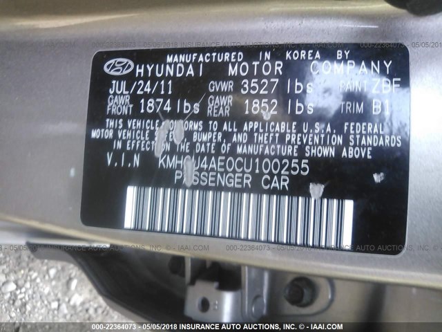 KMHCU4AE0CU100255 - 2012 HYUNDAI ACCENT GLS/GS/SE GRAY photo 9