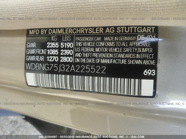 WDBNG75J32A225522 - 2002 MERCEDES-BENZ S 500 GOLD photo 9