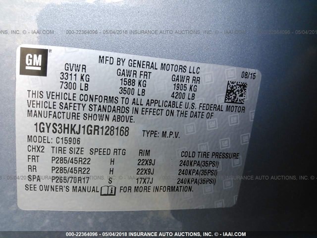 1GYS3HKJ1GR128168 - 2016 CADILLAC ESCALADE ESV LUXURY BLUE photo 9