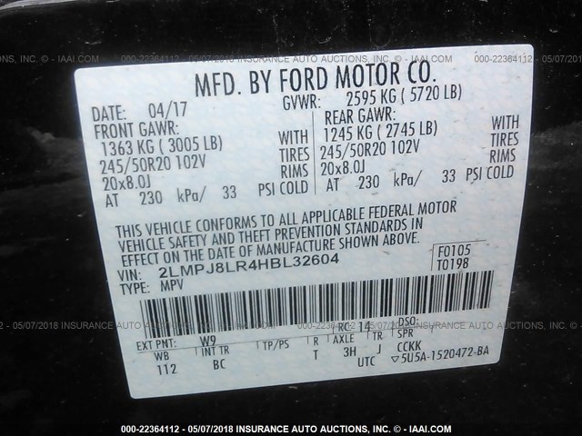 2LMPJ8LR4HBL32604 - 2017 LINCOLN MKX RESERVE Siyah fotoğraf 9