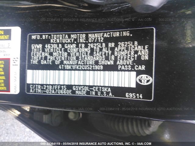 4T1BK1FK2CU521909 - 2012 TOYOTA CAMRY SE/XLE BLACK photo 9