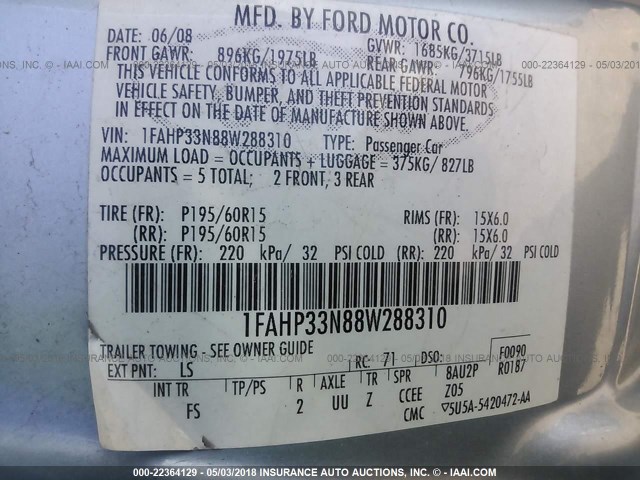 1FAHP33N88W288310 - 2008 FORD FOCUS SE/SEL/SES Light Blue photo 9