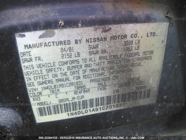 1N4DL01A91C201031 - 2001 NISSAN ALTIMA GXE/GLE/SE BLACK photo 9