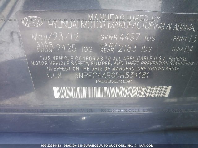 5NPEC4AB6DH534181 - 2013 HYUNDAI SONATA SE/LIMITED BLUE photo 9