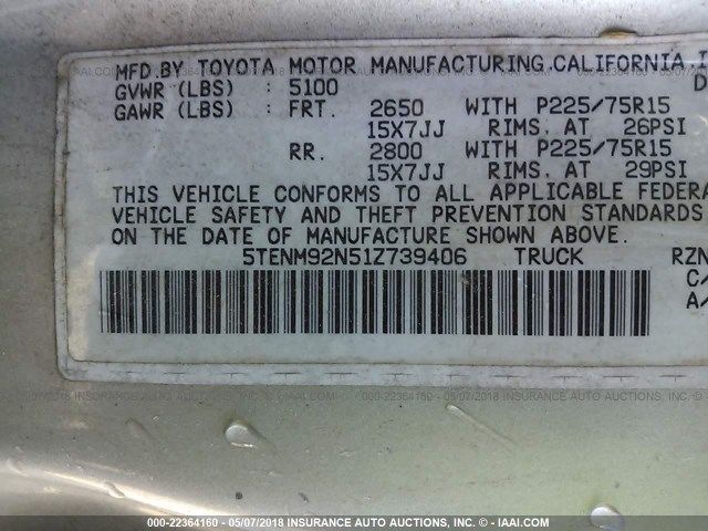 5TENM92N51Z739406 - 2001 TOYOTA TACOMA PRERUNNER SILVER photo 9