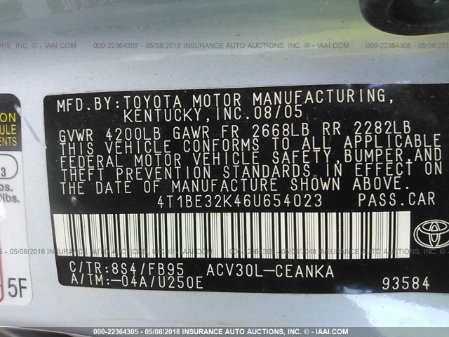 4T1BE32K46U654023 - 2006 TOYOTA CAMRY LE/XLE/SE ღია ლურჯი ფოტო 9