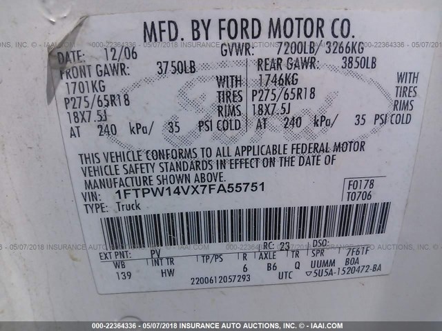 1FTPW14VX7FA55751 - 2007 FORD F150 SUPERCREW WHITE photo 9