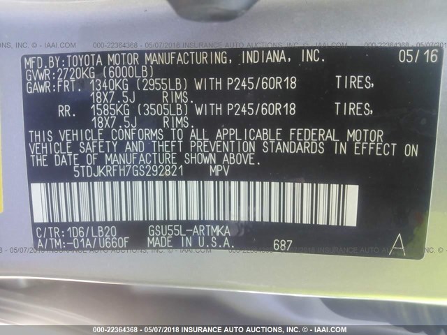 5TDJKRFH7GS292821 - 2016 TOYOTA HIGHLANDER XLE ვერცხლისფერი ფოტო 9