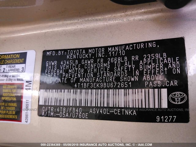 4T1BF3EK9BU672651 - 2011 TOYOTA CAMRY SE/LE/XLE GOLD photo 9