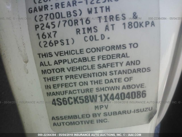 4S6CK58W1X4404086 - 1999 HONDA PASSPORT EX/LX Սպիտակ լուսանկար 9