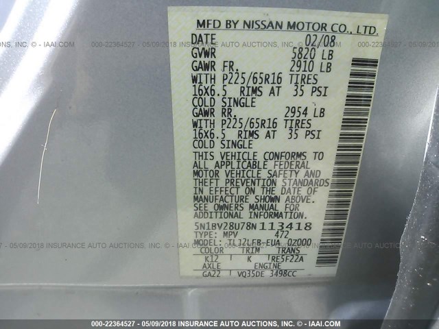 5N1BV28U78N113418 - 2008 NISSAN QUEST S/SE/SL SILVER photo 9