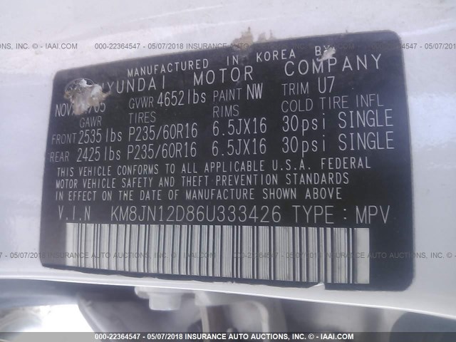 KM8JN12D86U333426 - 2006 HYUNDAI TUCSON GLS/LIMITED 白色 照片 9