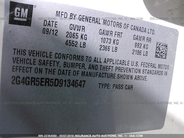 2G4GR5ER5D9134647 - 2013 BUICK REGAL CREAM photo 9