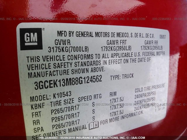 3GCEK13M88G124562 - 2008 CHEVROLET SILVERADO K1500 RED photo 9