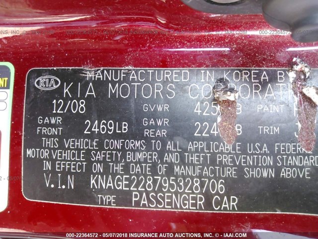 KNAGE228795328706 - 2009 KIA OPTIMA LX/EX RED photo 9