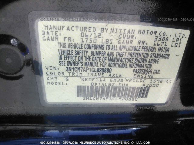 3N1CN7AP1CL920880 - 2012 NISSAN VERSA S/SV/SL BLACK photo 9