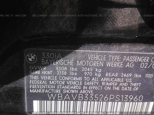 WBAVB33526PS13960 - 2006 BMW 330 I BLACK photo 9