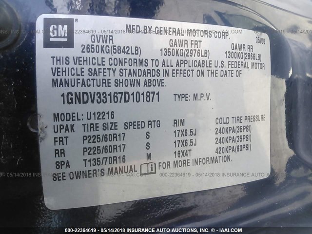 1GNDV33167D101871 - 2007 CHEVROLET UPLANDER LT BLUE photo 9